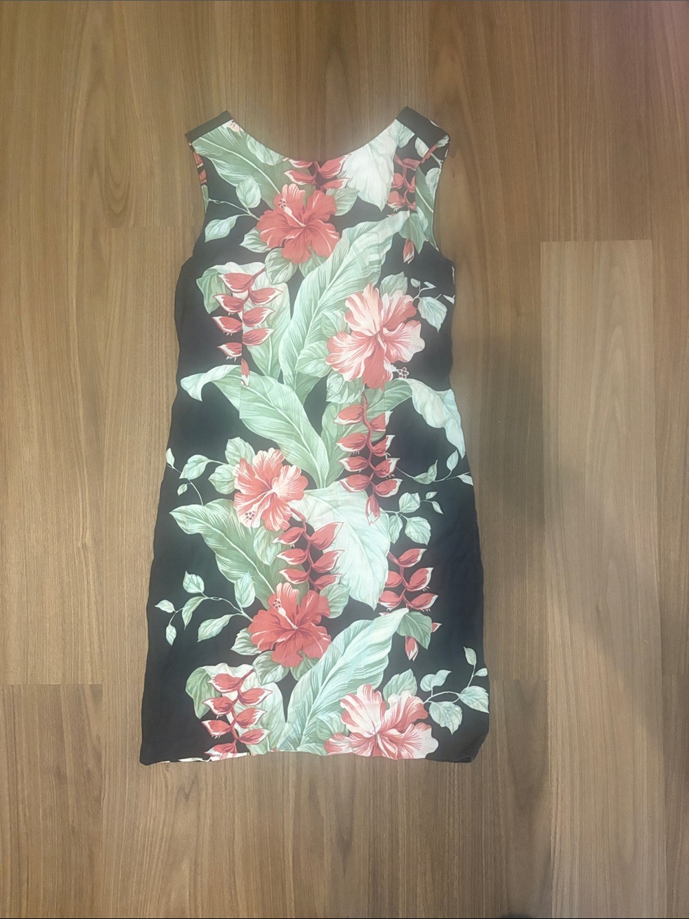 Tommy Bahama Black Mini Dress with Coral and Green Tropical Print